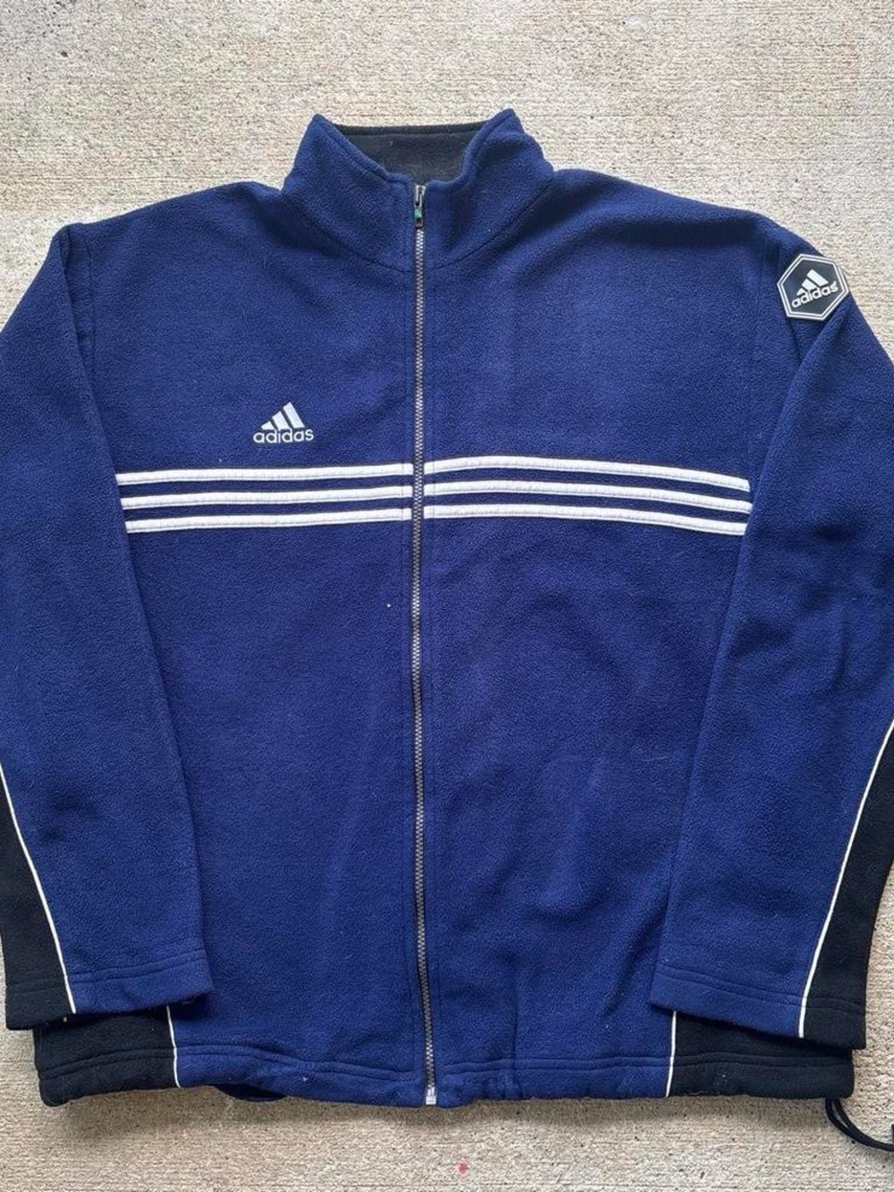 Adidas Mens Jacket Full Zip Blue Black 3 Stripe Fleeced Mock Neck Size XL